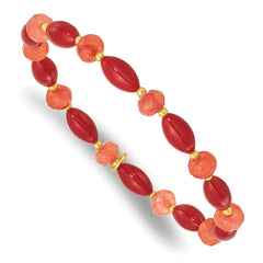 Sterling Silver Gold-plated Coral and Jade Beaded Stretch Bracelet QH5685