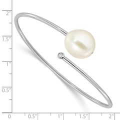 Sterling Silver Rhodium-plated 13-14mm White Freshwater Cultured Pearl and CZ Flexible Bangle QH5764