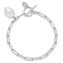 Sterling Silver Rhod-plated Paperclip CZ/FWC Pearl Toggle Bracelet QH5768-7.5