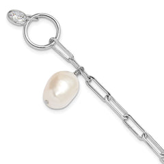 Sterling Silver Rhod-plated Paperclip CZ/FWC Pearl Toggle Bracelet QH5768-7.5