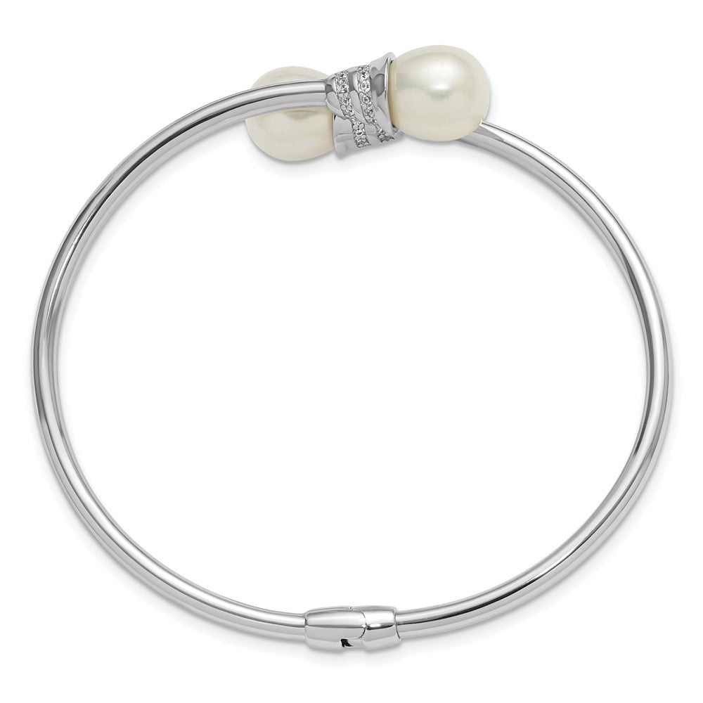 Sterling Silver Rhodium-plated 8-10mm Teardrop White Freshwater Cultured Pearl and CZ Hinged Bangle QH5839