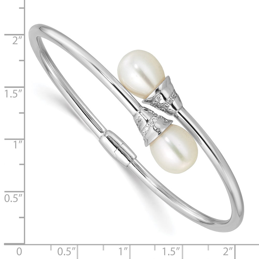 Sterling Silver Rhodium-plated 8-10mm Teardrop White Freshwater Cultured Pearl and CZ Hinged Bangle QH5839