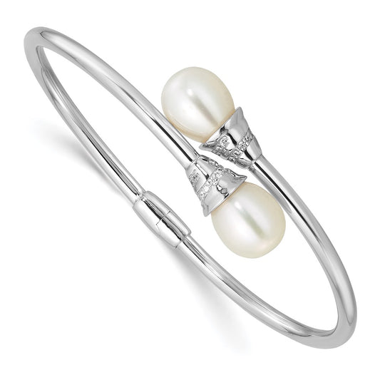 Sterling Silver Rhodium-plated 8-10mm Teardrop White Freshwater Cultured Pearl and CZ Hinged Bangle QH5839
