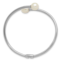 Sterling Silver Rhodium-plated 7-9mm Teardrop White Freshwater Cultured Pearl Hinged Bangle QH5840