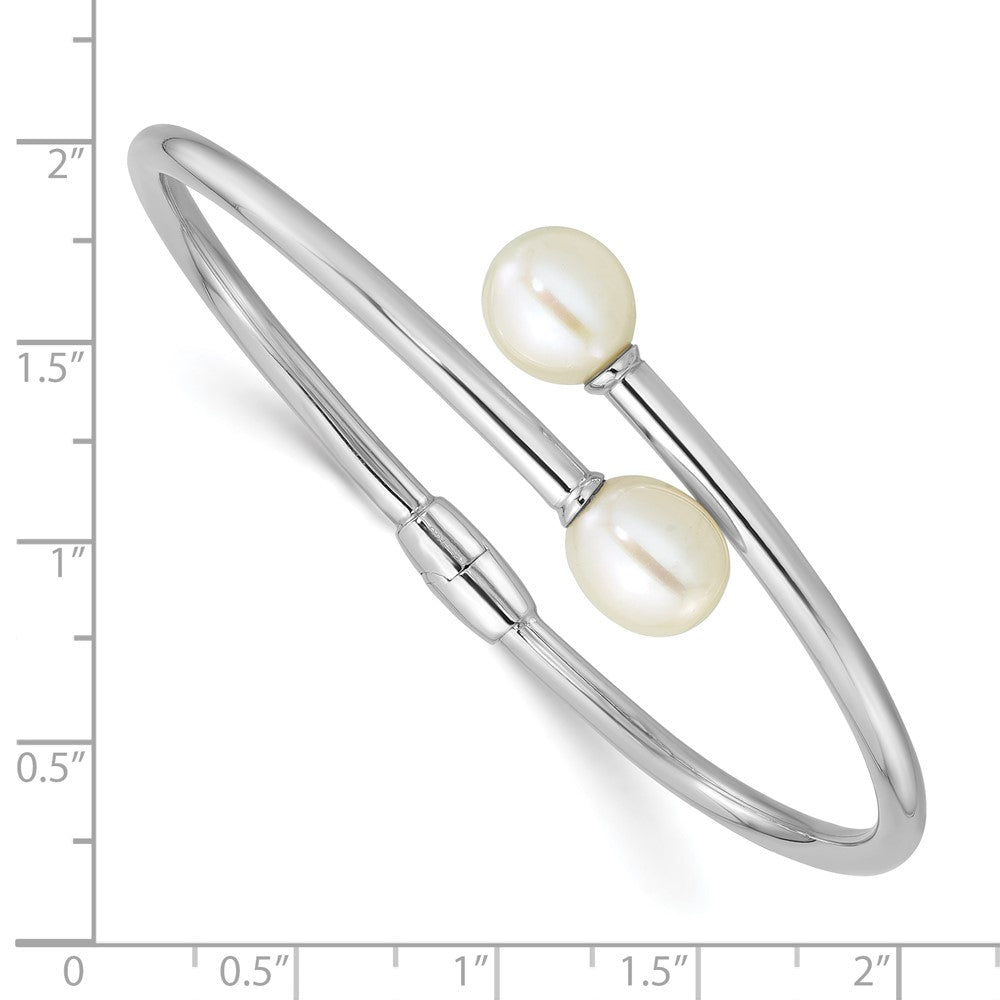 Sterling Silver Rhodium-plated 7-9mm Teardrop White Freshwater Cultured Pearl Hinged Bangle QH5840