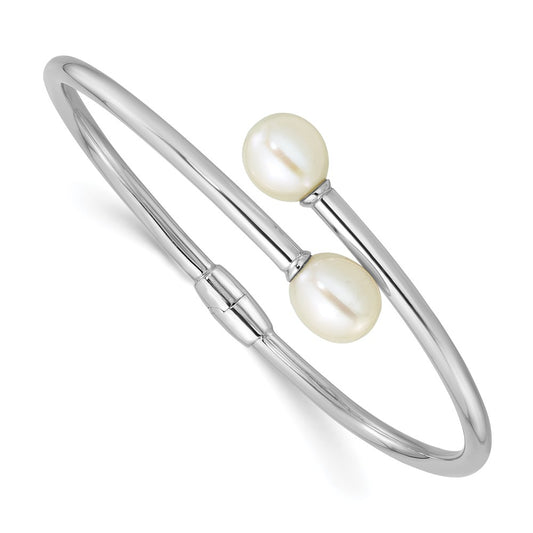 Sterling Silver Rhodium-plated 7-9mm Teardrop White Freshwater Cultured Pearl Hinged Bangle QH5840