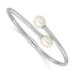 Sterling Silver Rhodium-plated 7-9mm Teardrop White Freshwater Cultured Pearl Hinged Bangle QH5840