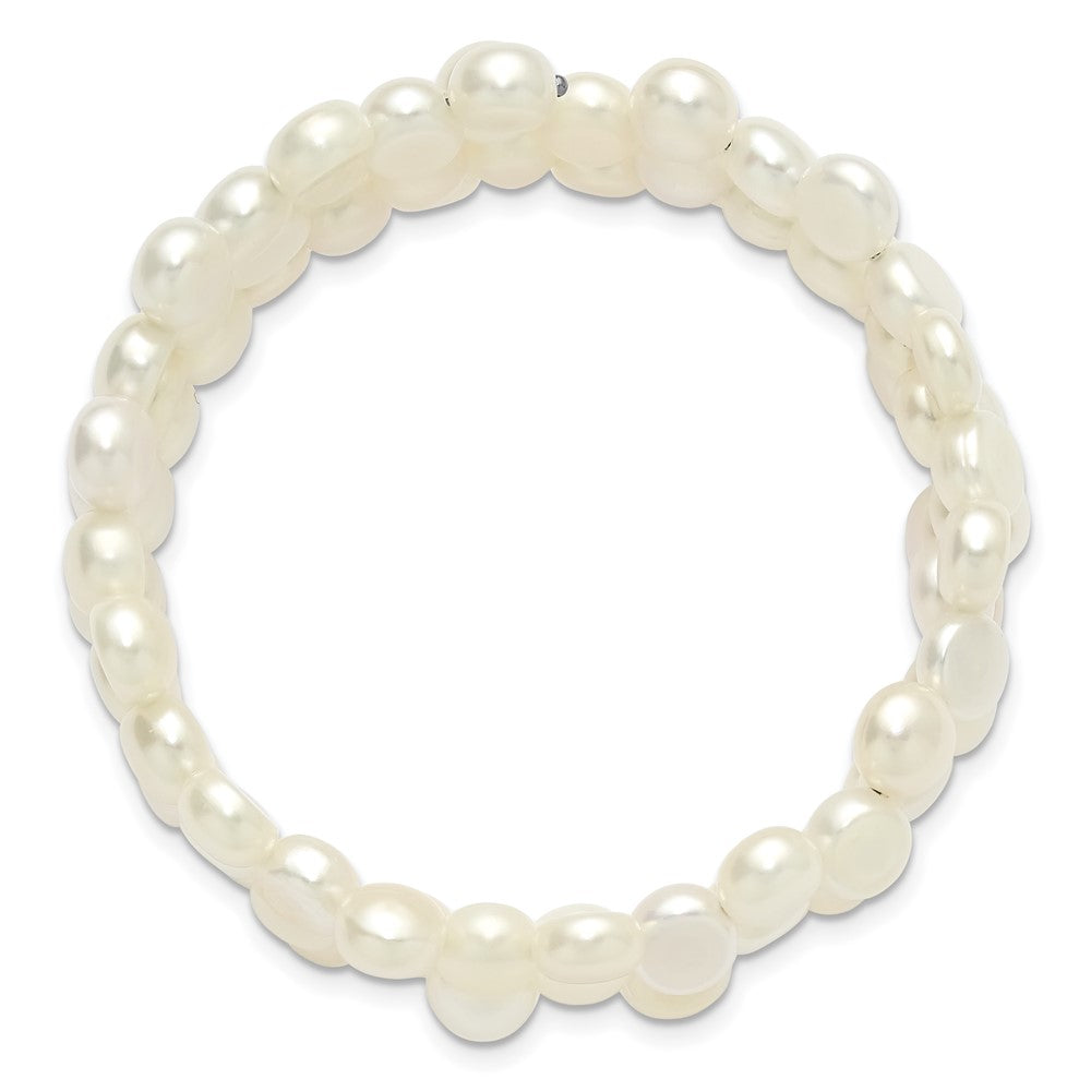 Sterling Silver Rhodium-plated 6-7mm Button White Freshwater Cultured Pearl Flexible Wrap Bracelet QH5841