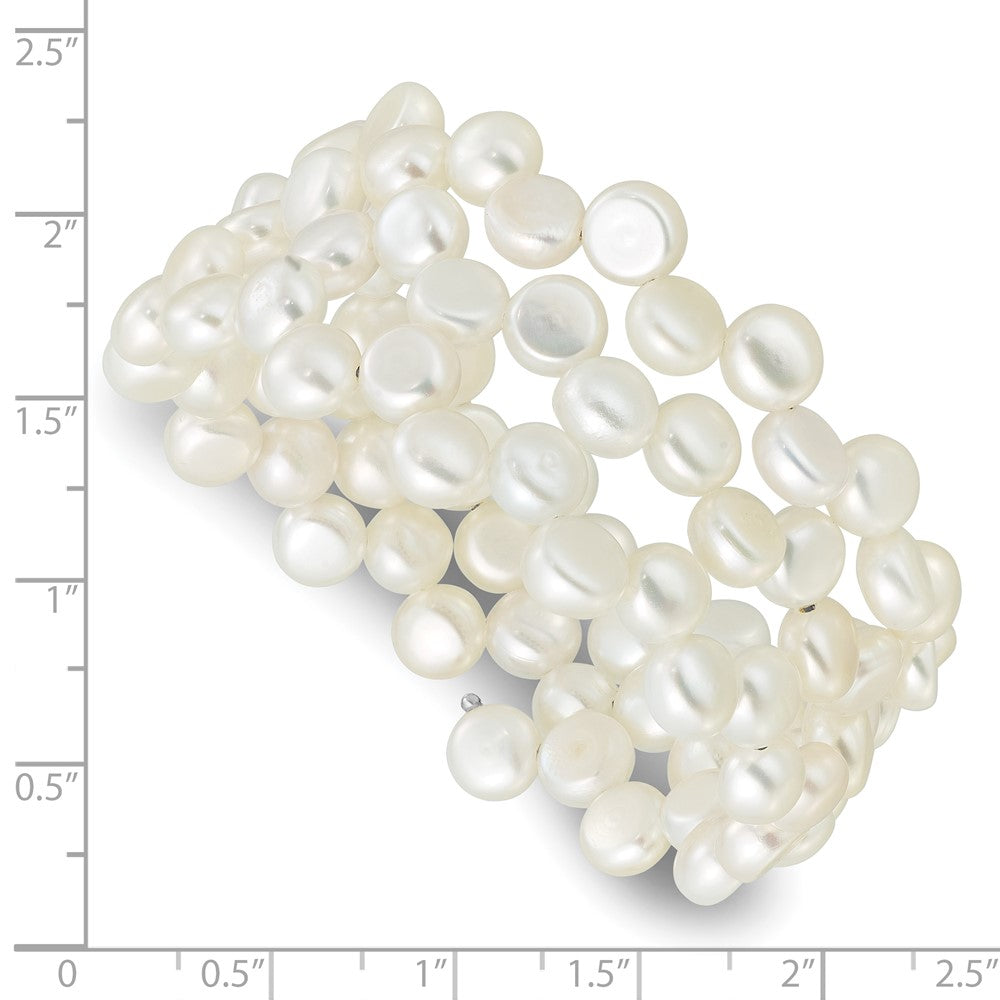 Sterling Silver Rhodium-plated 6-7mm Button White Freshwater Cultured Pearl Flexible Wrap Bracelet QH5841