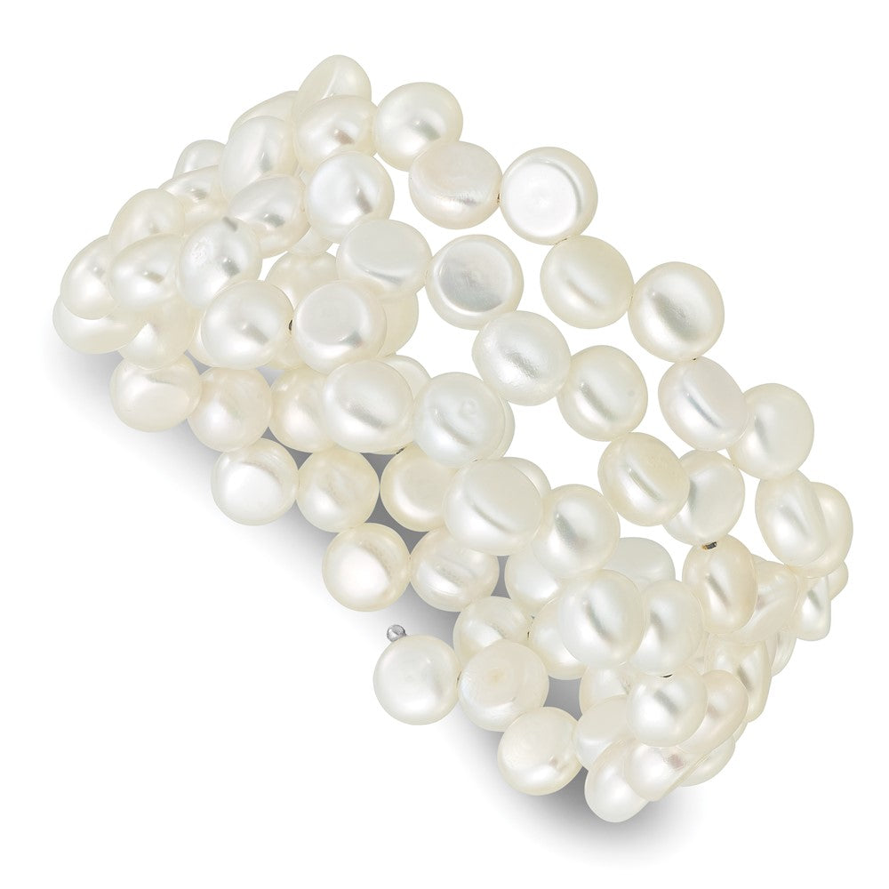 Sterling Silver Rhodium-plated 6-7mm Button White Freshwater Cultured Pearl Flexible Wrap Bracelet QH5841