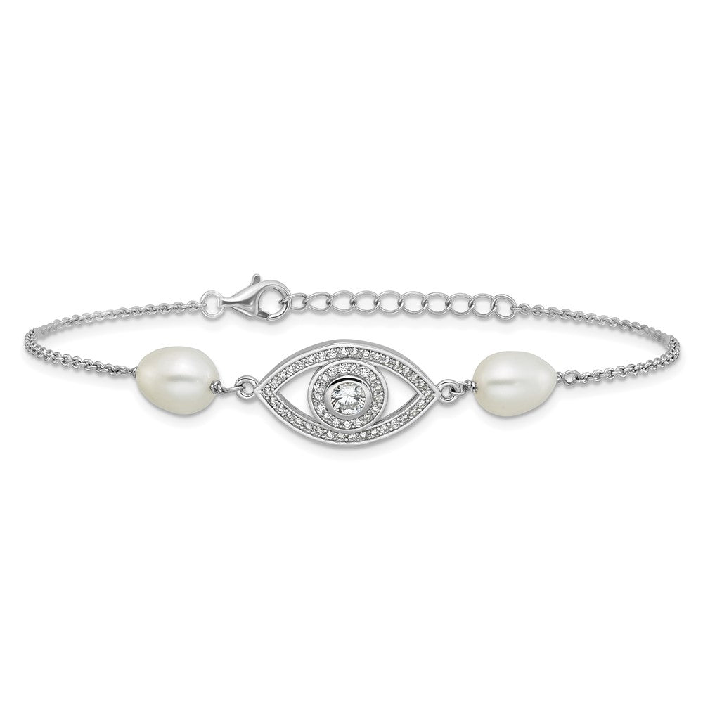 Sterling Silver Rhodium-plated 6-8mm Teardrop White Freshwater Cultured Pearl and CZ Evil Eye 7 inch with 1 inch Extender Bracelet QH5842-7