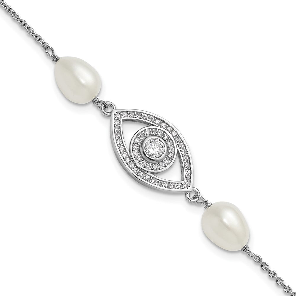 Sterling Silver Rhodium-plated 6-8mm Teardrop White Freshwater Cultured Pearl and CZ Evil Eye 7 inch with 1 inch Extender Bracelet QH5842-7