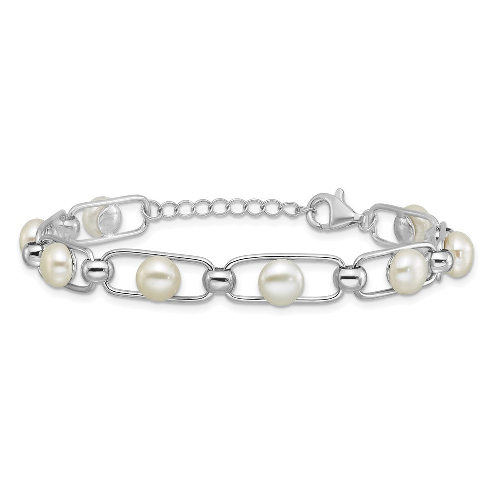 Sterling Silver Rhodium-plated 6-7mm Button White Freshwater Cultured Pearl 6.5 inch with 1 inch Extender Bracelet QH5843-6.5