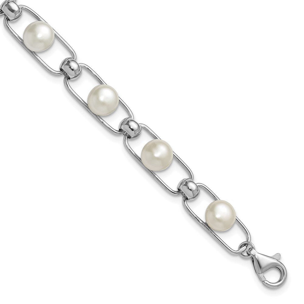 Sterling Silver Rhodium-plated 6-7mm Button White Freshwater Cultured Pearl 6.5 inch with 1 inch Extender Bracelet QH5843-6.5