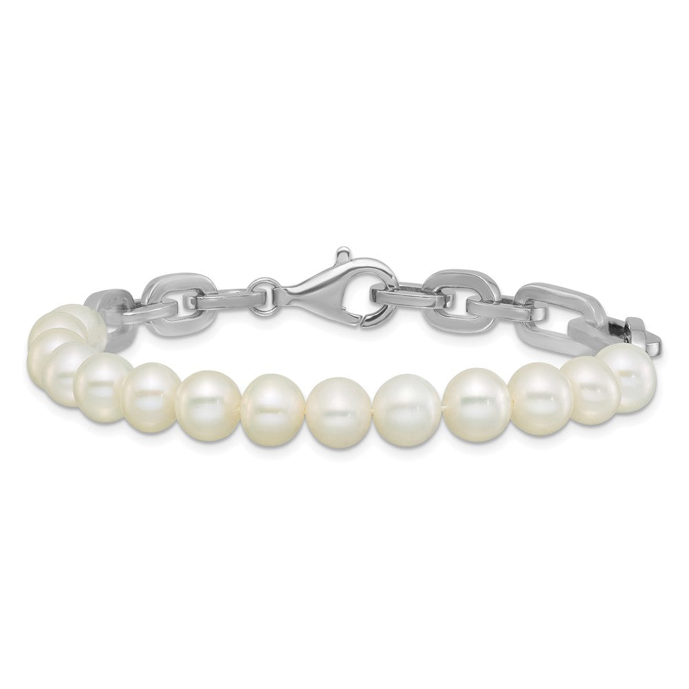 Sterling Silver Rhodium-plated 7-8mm Round White Freshwater Cultured Pearl and Link 8 inch Bracelet QH5844-8