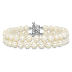 Sterling Silver Rhodium-plated 6-7mm Round White Freshwater Cultured Pearl 2-Strand 7 inch Bracelet QH5846-7