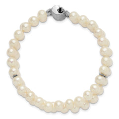 Sterling Silver Rhodium-plated 6-7mm Round White Freshwater Cultured Pearl 2-Strand 7 inch Bracelet QH5846-7
