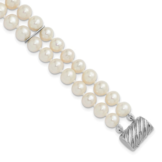 Sterling Silver Rhodium-plated 6-7mm Round White Freshwater Cultured Pearl 2-Strand 7 inch Bracelet QH5846-7