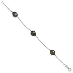 Sterling Silver Rhodium-plated 9-10mm Baroque Black Tahitian Saltwater Cultured Pearl 3-Station 7.5 inch Bracelet QH5847-7.5