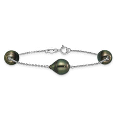 Sterling Silver Rhodium-plated 9-10mm Baroque Black Tahitian Saltwater Cultured Pearl 3-Station 7.5 inch Bracelet QH5847-7.5