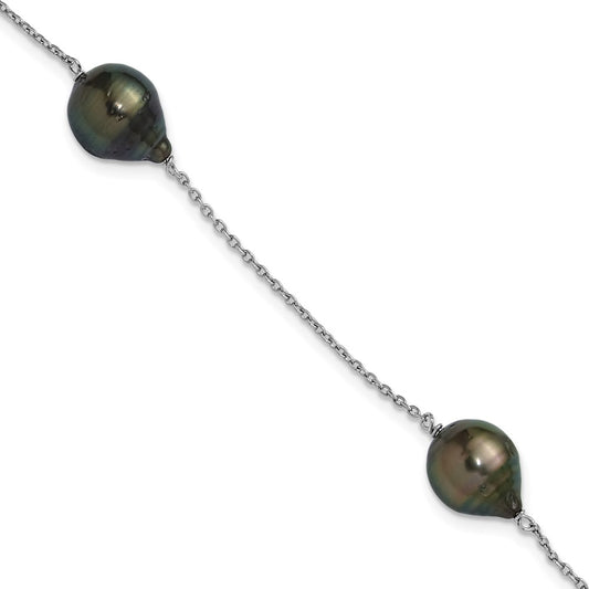 Sterling Silver Rhodium-plated 9-10mm Baroque Black Tahitian Saltwater Cultured Pearl 3-Station 7.5 inch Bracelet QH5847-7.5