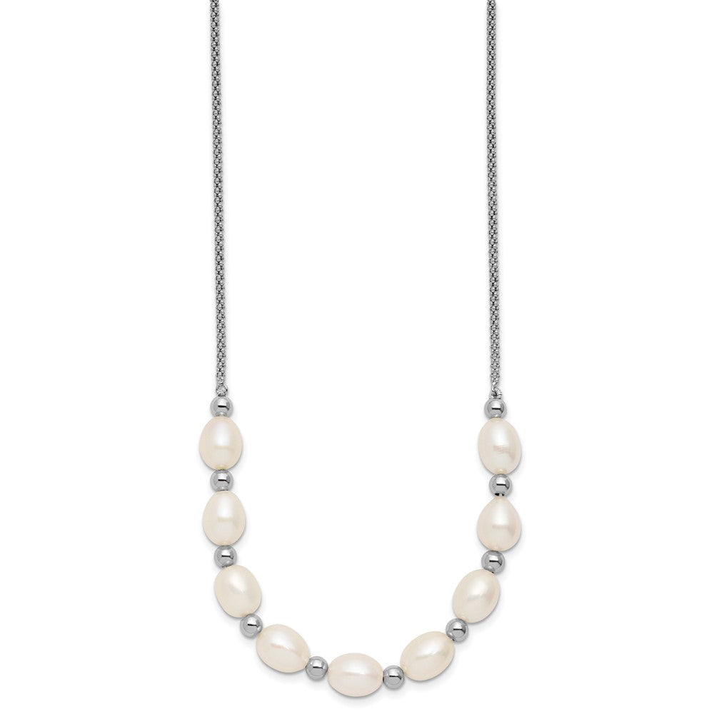 Sterling Silver Rhodium-plated Polished and Beaded 7-8mm Freshwater Cultured Rice Pearl 16 Inch with 2 Inch Extension Necklace QH5849-16