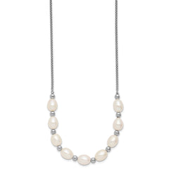 Sterling Silver Rhodium-plated Polished and Beaded 7-8mm Freshwater Cultured Rice Pearl 16 Inch with 2 Inch Extension Necklace QH5849-16