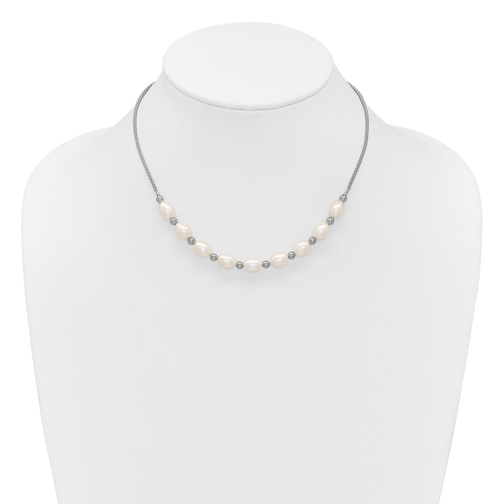 Sterling Silver Rhodium-plated Polished and Beaded 7-8mm Freshwater Cultured Rice Pearl 16 Inch with 2 Inch Extension Necklace QH5849-16
