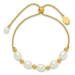 Sterling Silver Gold-tone Polished and Beaded 7-8mm Freshwater Cultured Rice Pearl Adjustable Bolo Bracelet QH5850