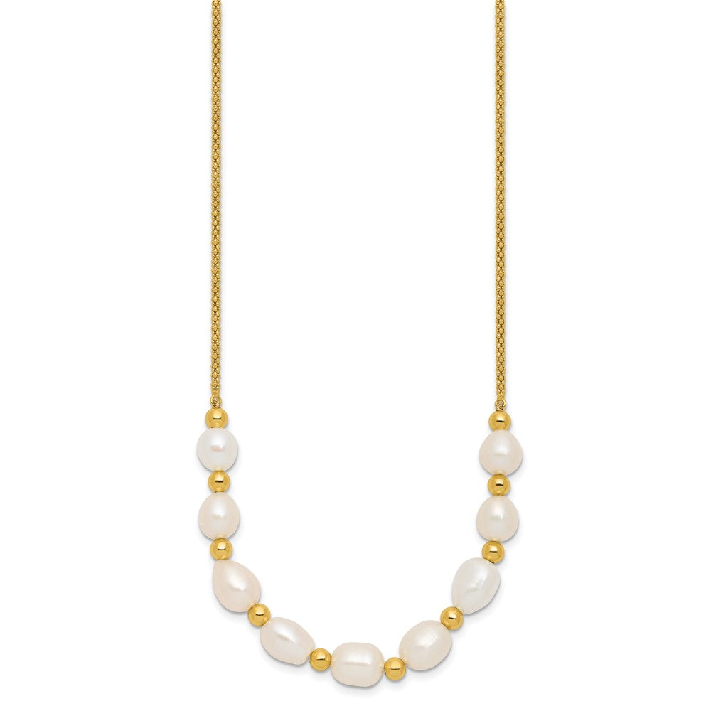 Sterling Silver Gold-tone Polished and Beaded 7-8mm Freshwater Cultured Rice Pearl 16 Inch with 2 Inch Extension Necklace QH5850-16