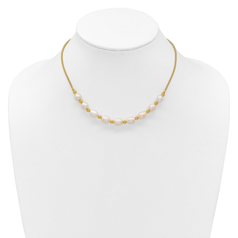 Sterling Silver Gold-tone Polished and Beaded 7-8mm Freshwater Cultured Rice Pearl 16 Inch with 2 Inch Extension Necklace QH5850-16