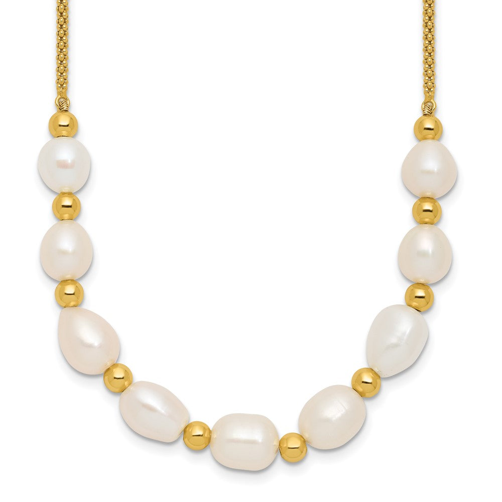 Sterling Silver Gold-tone Polished and Beaded 7-8mm Freshwater Cultured Rice Pearl 16 Inch with 2 Inch Extension Necklace QH5850-16