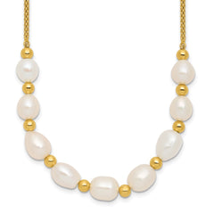 Sterling Silver Gold-tone Polished and Beaded 7-8mm Freshwater Cultured Rice Pearl 16 Inch with 2 Inch Extension Necklace QH5850-16