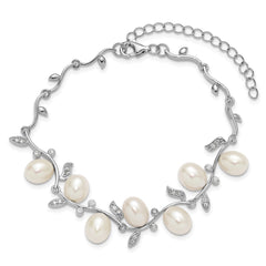 Sterling Silver Rhodium-plated 6-8mm Teardrop White Freshwater Cultured Pearl and CZ Leaf 7 inch with 1 inch Extender Bracelet QH5851-7