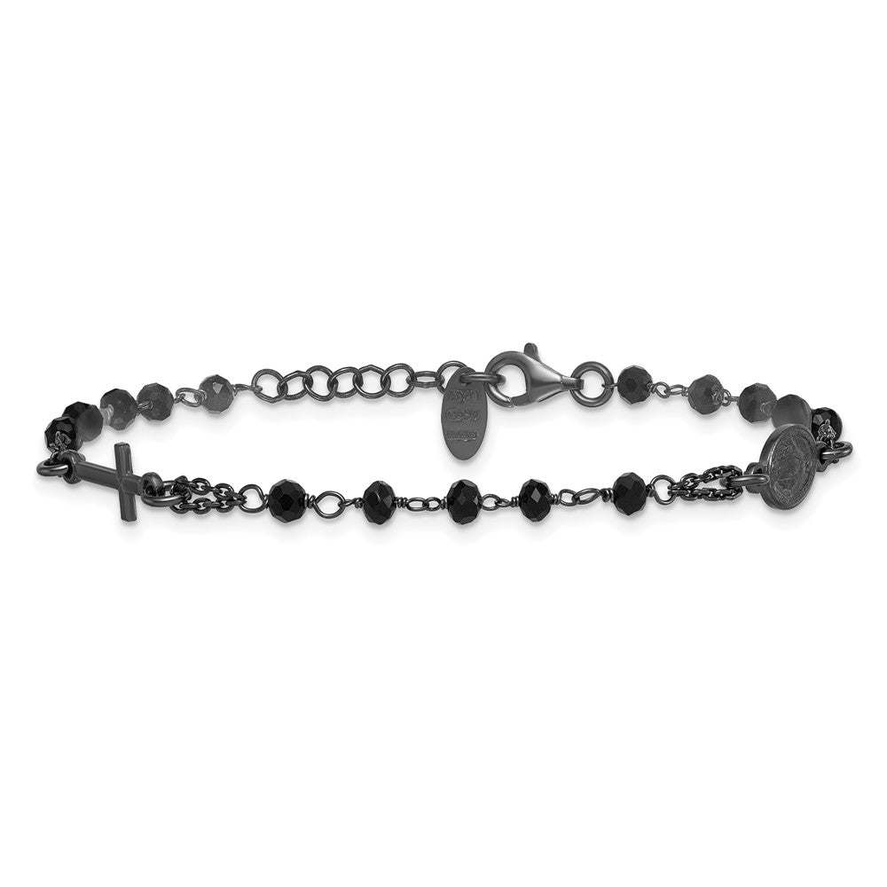 Sterling Silver Black Rhodium-plated Crystal 7 inch with 0.75 inch extender Rosary Themed Bracelet QH5883-7