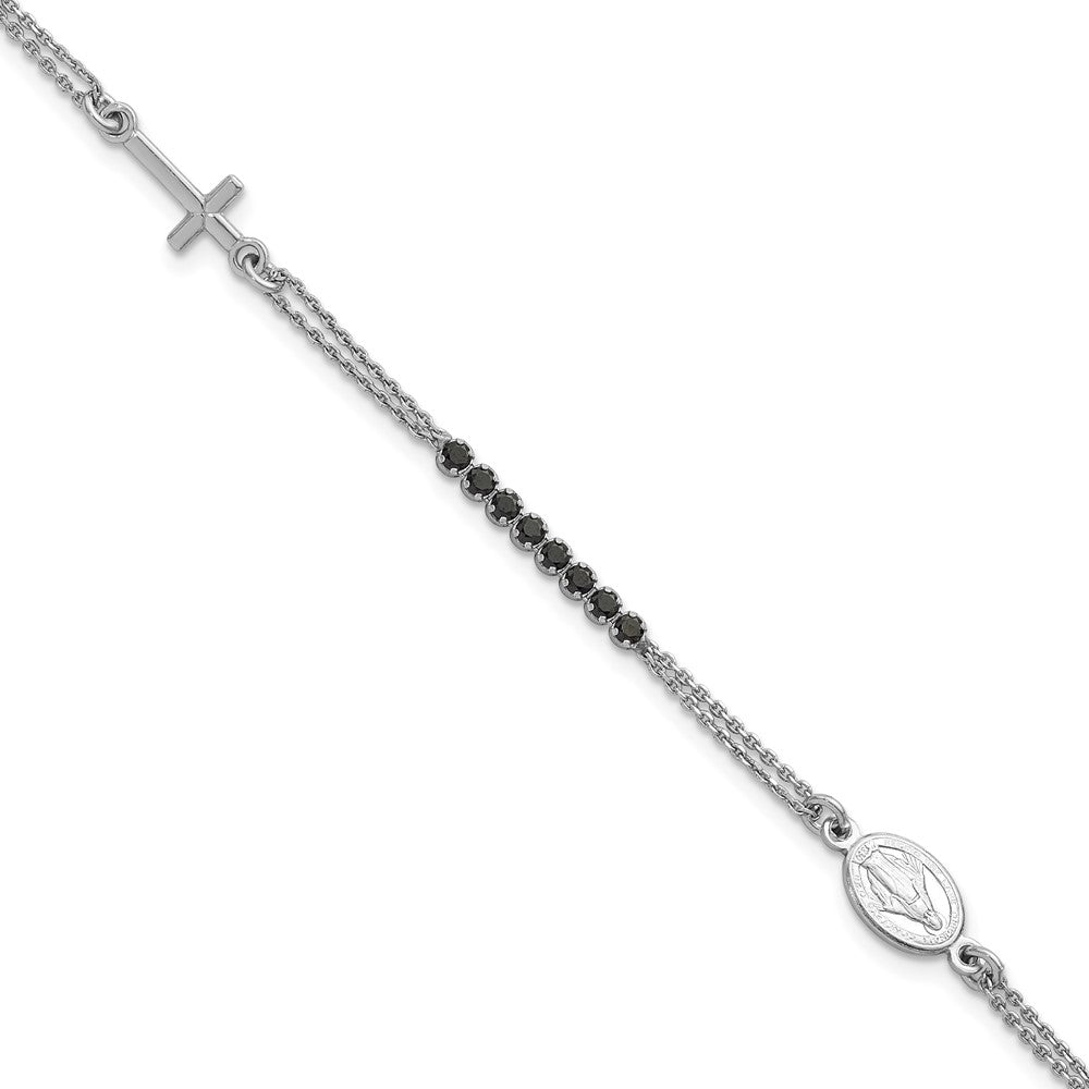 Sterling Silver Rhodium-plated Polished Black CZ 6.75 inch with 1.25 inch extender Rosary Bracelet QH5886-6.75