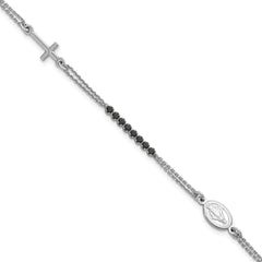 Sterling Silver Rhodium-plated Polished Black CZ 6.75 inch with 1.25 inch extender Rosary Bracelet QH5886-6.75