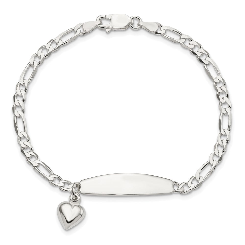 Sterling Silver Polished Figaro ID Heart Dangle Bracelet QID210-7.5