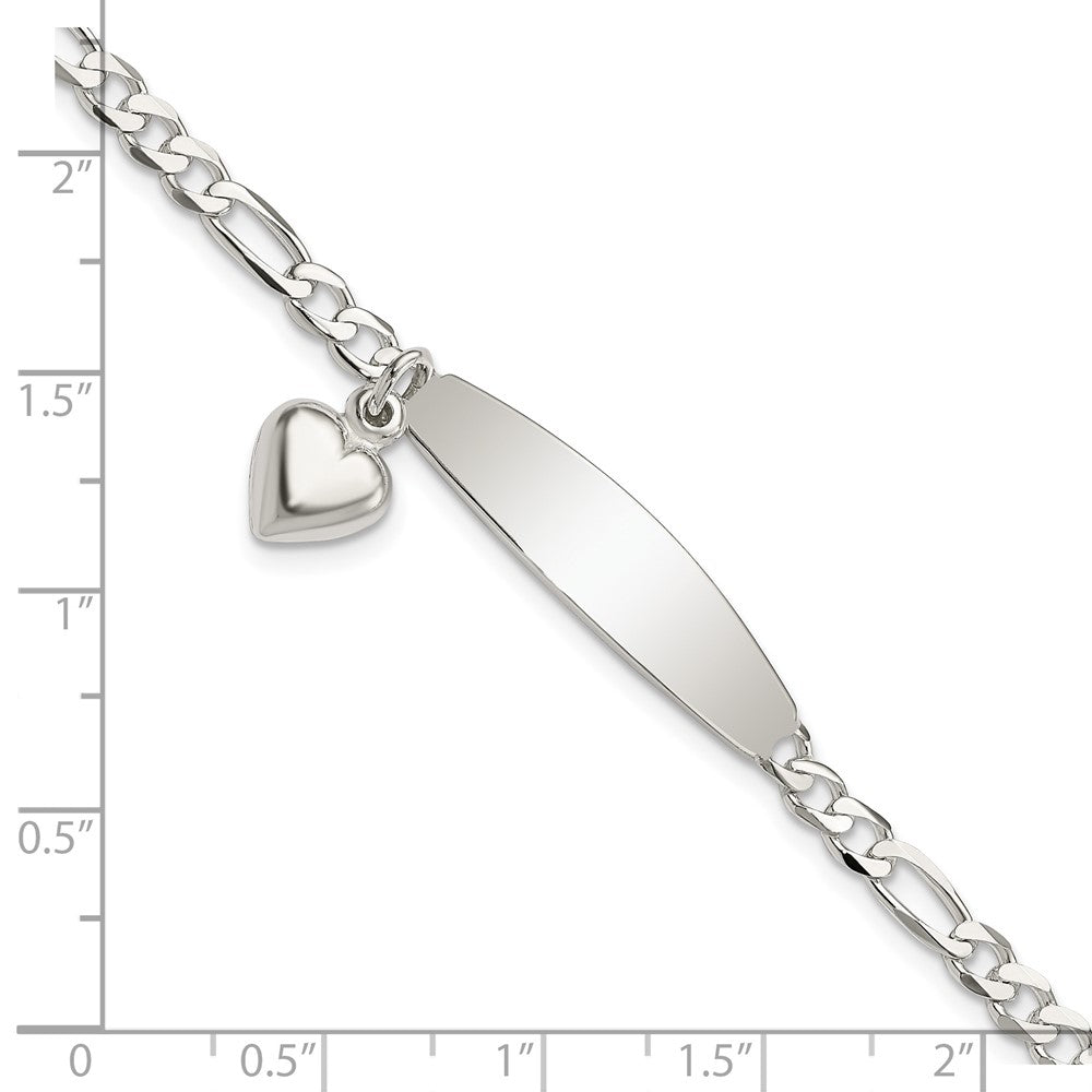 Sterling Silver Polished Figaro ID Heart Dangle Bracelet QID210-7.5