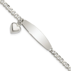 Sterling Silver Polished Curb Link ID Heart Dangle Bracelet QID211-7.5