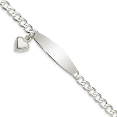 Sterling Silver Polished Curb Link ID Heart Dangle Bracelet QID212-7.5