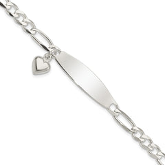 Sterling Silver Polished Figaro ID Heart Dangle Bracelet QID214-7.5