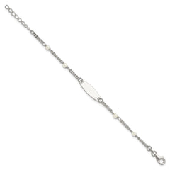 Sterling Silver Polished Curb Link and Acrylic Pearl 5 inch with 1 inch Extension Childrens ID Bracelet QID266-5