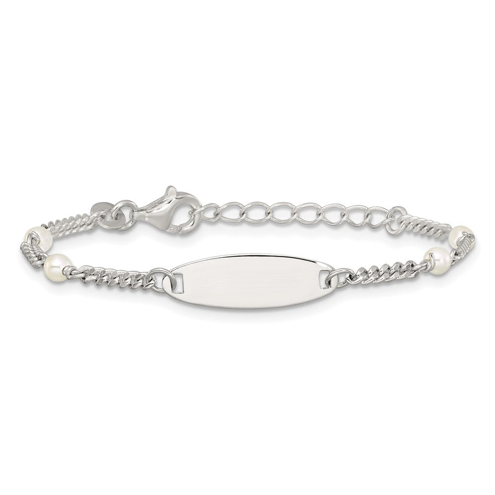 Sterling Silver Polished Curb Link and Acrylic Pearl 5 inch with 1 inch Extension Childrens ID Bracelet QID266-5