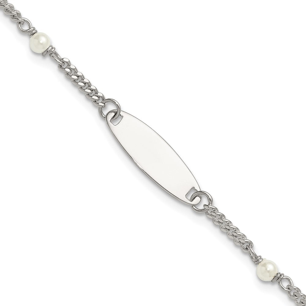 Sterling Silver Polished Curb Link and Acrylic Pearl 5 inch with 1 inch Extension Childrens ID Bracelet QID266-5