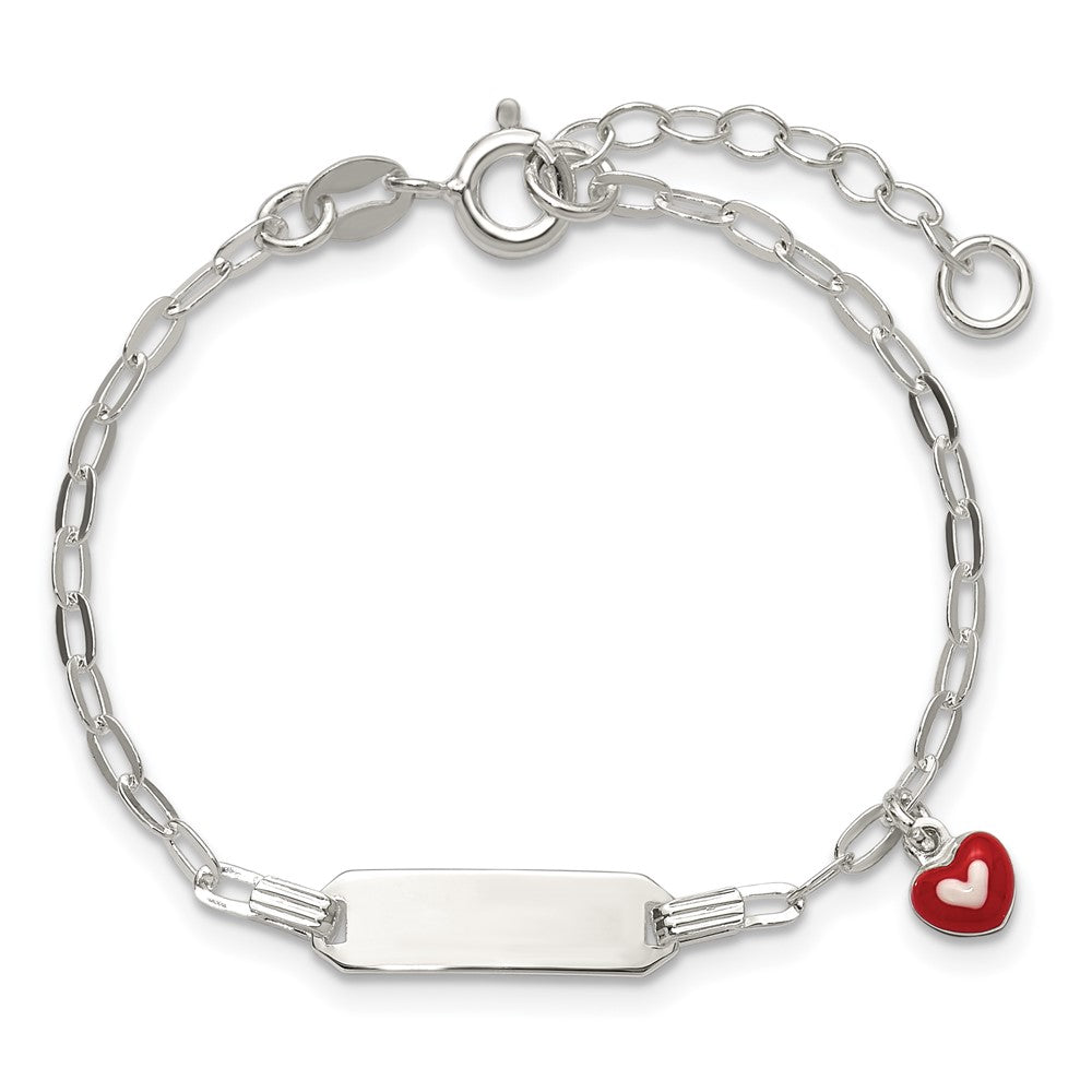 Sterling Silver Polished Red and White Enameled Heart Charm 5 inch with 1 inch extension Childrens ID Bracelet QID267-5