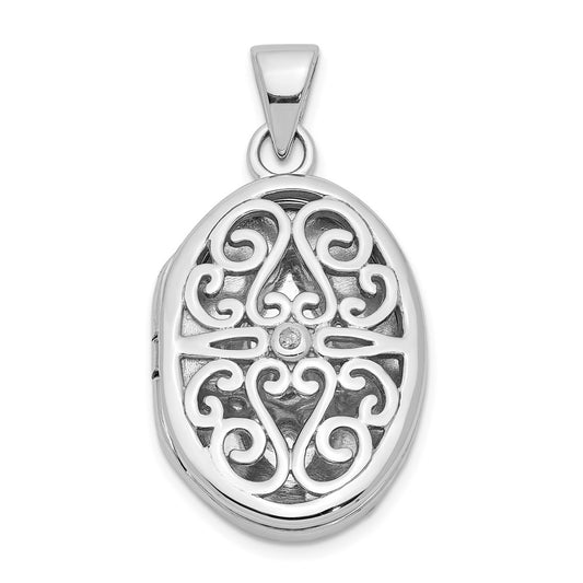 Sterling Silver Rhodium-plated Diamond Accent Filigree Oval 22mm Locket QLS1024