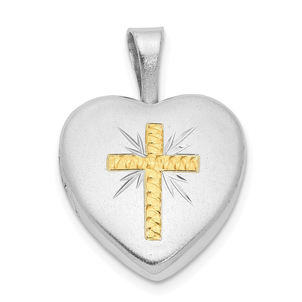 Sterling Silver Rhodium-plated & Gold Tone Satin & D/C Cross Heart Locket QLS1027