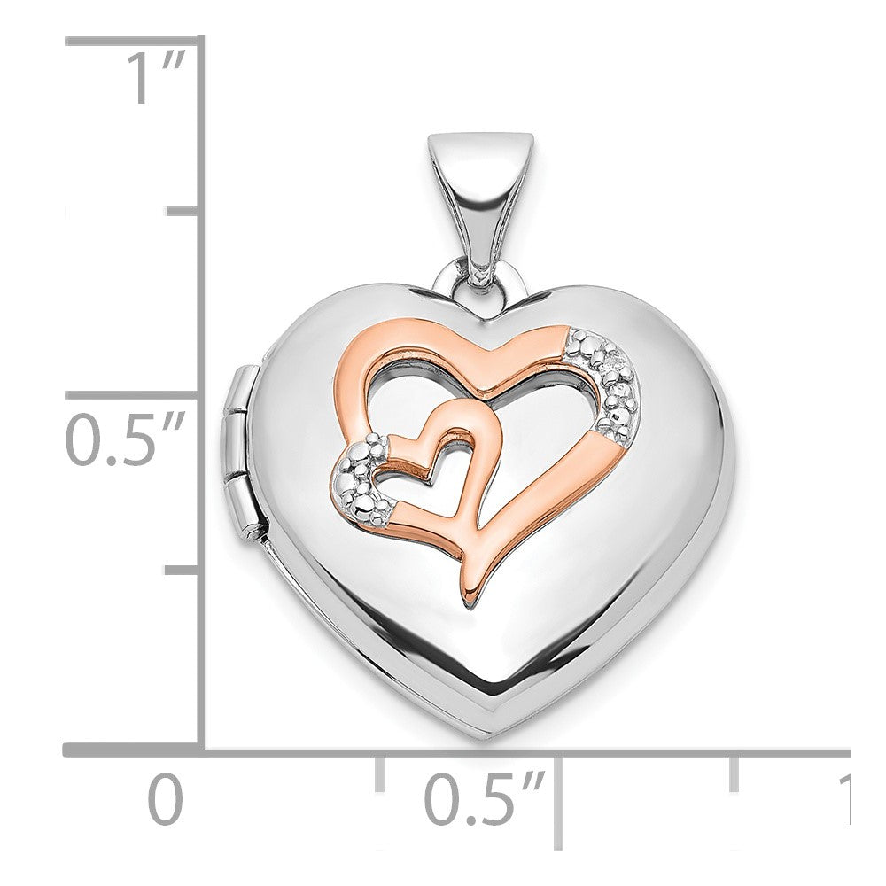 Sterling Silver Rhodium-plated Diamond Rose Rhodium Hearts 18mm Locket QLS1032