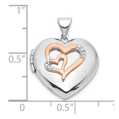 Sterling Silver Rhodium-plated Diamond Rose Rhodium Hearts 18mm Locket QLS1032